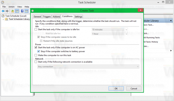 Windows 8 task scheduler create task - conditions ticked