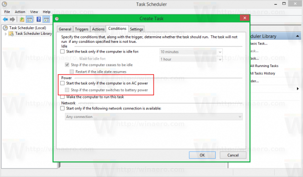 Windows 8 task scheduler create task - conditions unticked