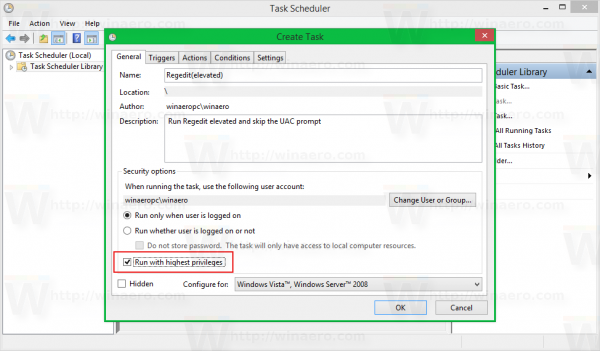 Windows 8 task scheduler create task - general tick privileges