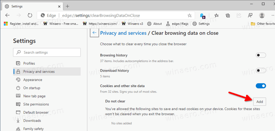 Edge Add Clear Cookie Exclusions